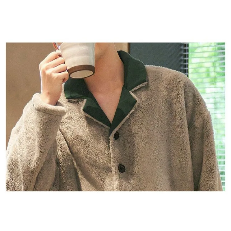 2023 New Men's Pajamas Autumn and Winter Coral Fleece Loungewear Thickened Flannel Warm Homewear Set Loose V-neck Sleepwear