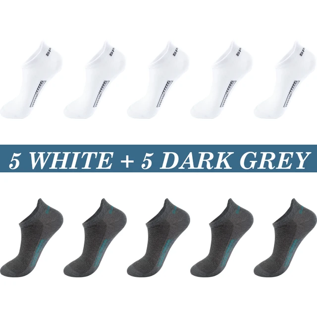 High Quality 10Pairs Men Socks Cotton Summer Sports Breathable Ankle Socks Mesh Casual Athletic Thin Cut Short Plus Size 39-48 5 White 5 Dark grey