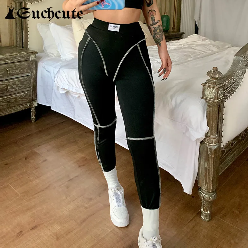 SUCHCUTE Sporty Bright Line Design Skinny Trouser Casual Black Low Waist Jogger Pants Women Basic Yoga Stretch Legging Spring