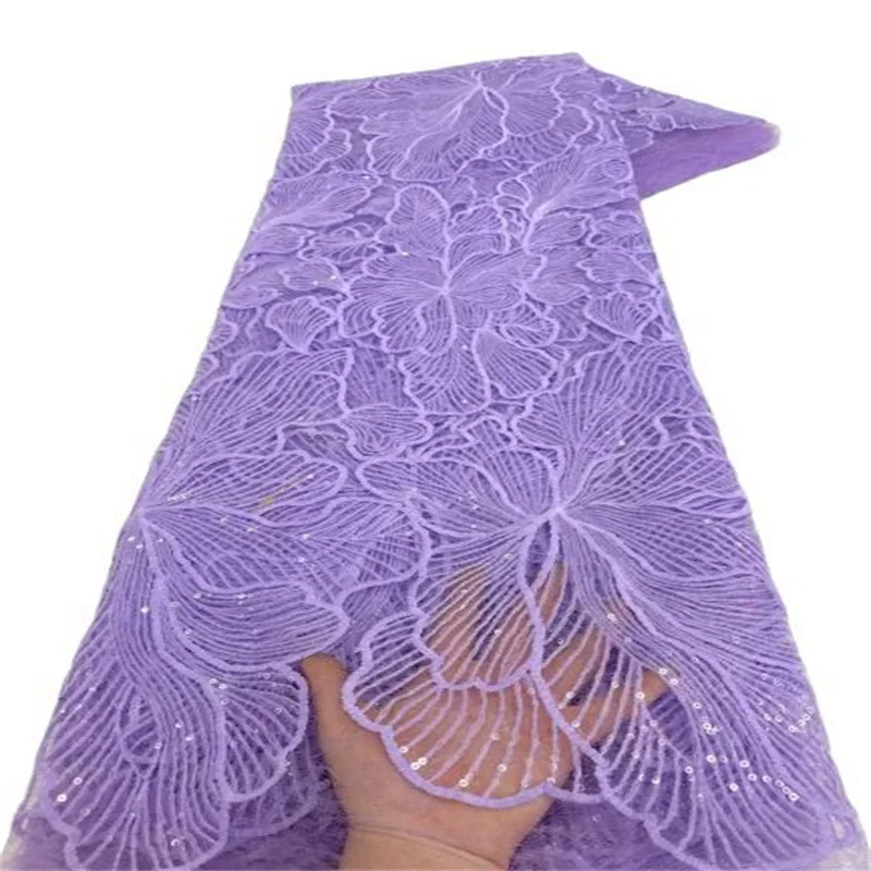 

Purple African Lace Fabric With Sequins French Lace Fabric 2023 White High Quality Milk Silk Laces For Wedding Party Dress
