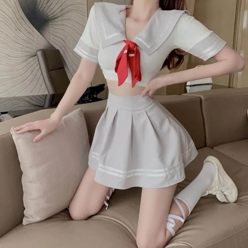 

Dress Sets Two Piece Sets Women Outfits Korean Fashion Preppy Style Bow Sailor Collar Short Sleeve Crop Tops and Pleated Skirts