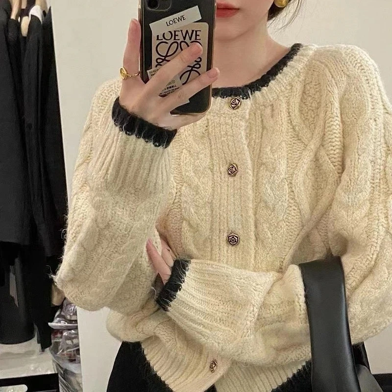 New Autumn and Winter O Neck Women's Cardigan Sweater Fashion Elegant Diamond Pattern Knitted Solid Color Single-breasted Coat