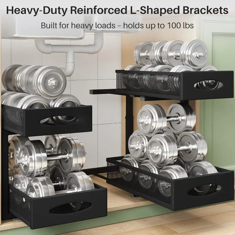 Under Sink Organizer, 2 Tier Pull out Cabinet Organizer Baskets with Mesh Sliding Drawers, Slide out Storage Shelf (2 Pack) 5