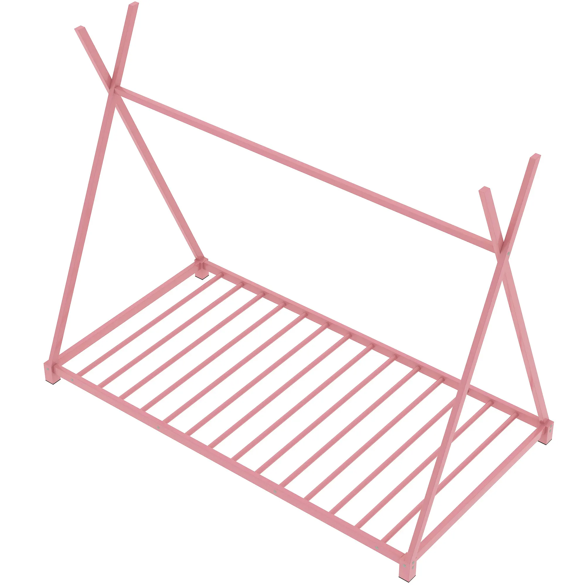

Metal Twin Size House Platform Bed with Triangle Structure, Pink