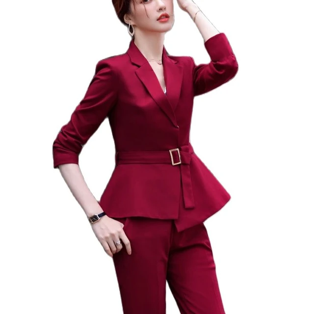 Elegant Red Formal Uniform Designs Pantsuits With Pants And Jackets Coat  For Women Business Work Wear Blazers With Belt - Pant Suits - AliExpress