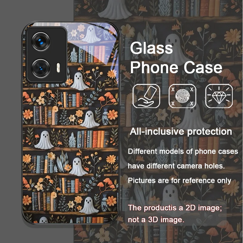 Tempered Glass Halloween Pumpkin Ghost Bookshelf Phone Case Cover