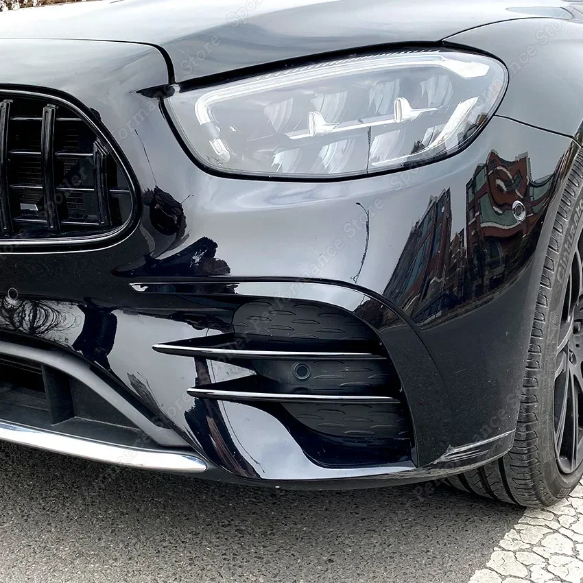 메르세데스 벤츠 E 클래스 W213 E260 E300 E53 2021-2023 + 프론트 범퍼 립 에어 벤트 트림 스포일러 스플리터 글로스 블랙 바디 키트