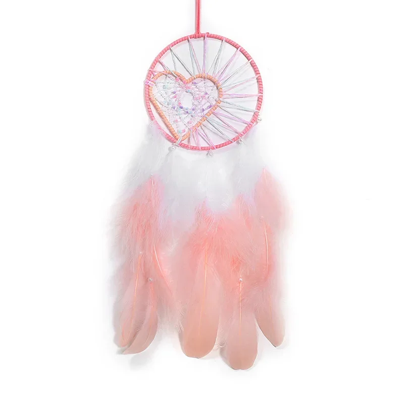 Handmade Girl Heart Dream Catcher Net with Feathers Wall Car Hanging Decoration Ornament Pink Dreamcatcher Room Decor