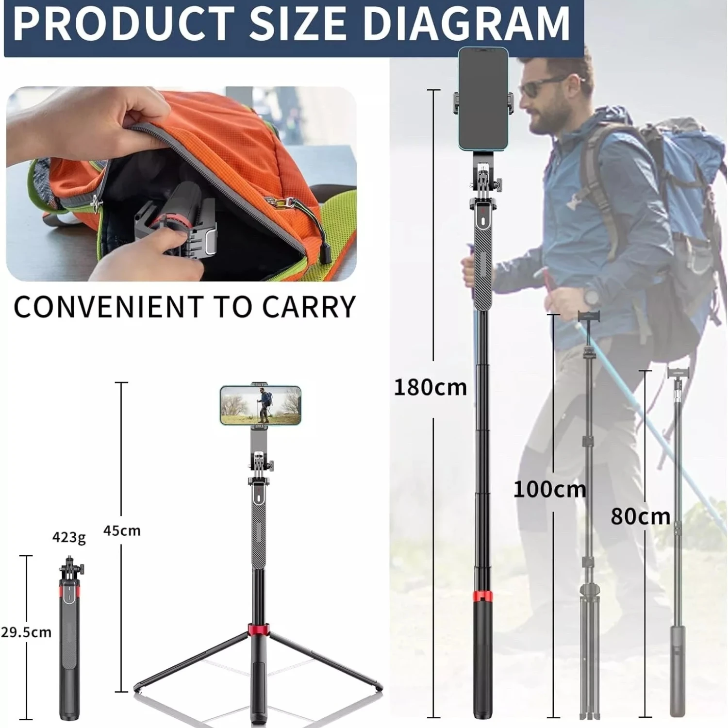 180cm Aluminum Alloy Selfie Stick Portable Travel Tripod, Rechargeable Remote Control, 360&deg; Rotation for Mobile Phone and Camera
