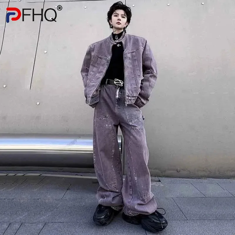 

PFHQ Pleated Men's Denim Suit New Chic Gradient Color Stand Collar Male Jackets Casual Wearproof Wide Leg Jeans Spring 9C4492