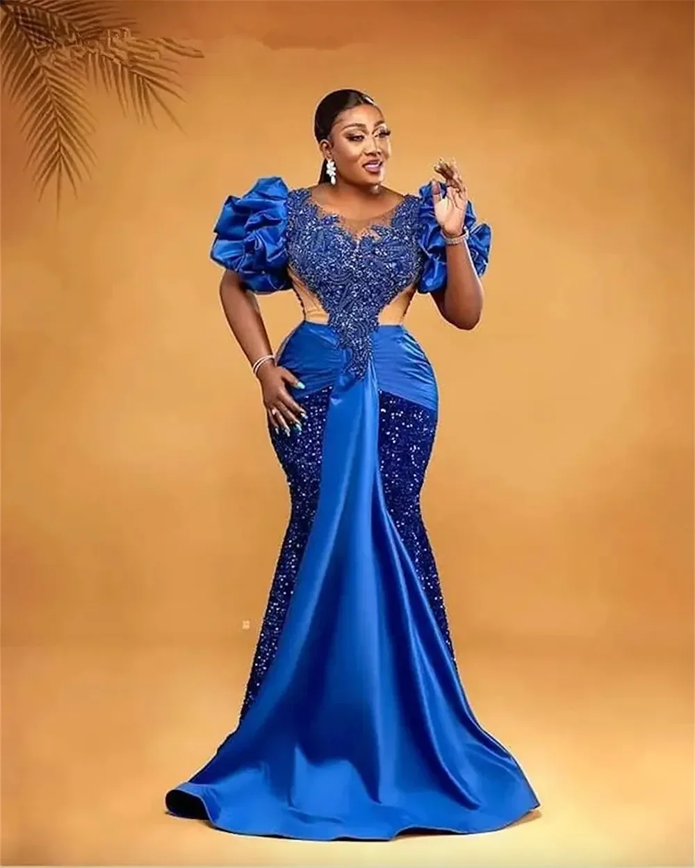 

Royal Blue beaded decal Luxury Evening gown Transparent neck sweep train plus size formal ball party celebration robe custom