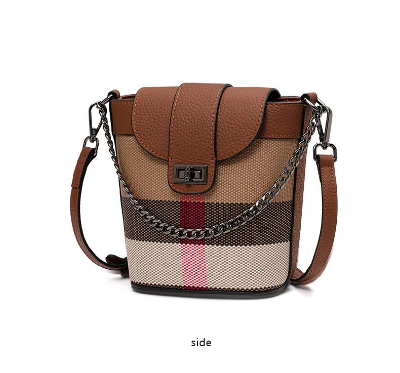 Mini-Beuteltasche für Damen mit Patchwork aus Rindsleder und Canvas, Karomuster, Umhängetasche/Umhängetasche zum Einkaufen, Handytasche – Detail 8