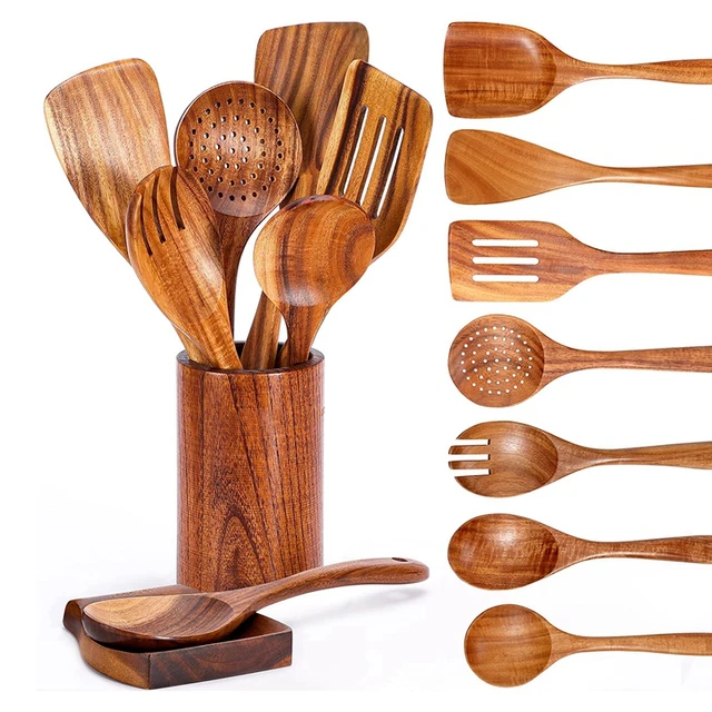 9 PCS Wooden Spoons For Cooking, Wooden Utensils For Cooking With Utensils  Holder, Teak Wooden Kitchen Utensils Set - AliExpress