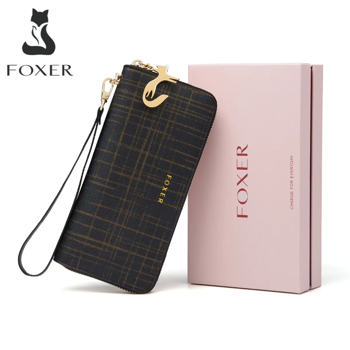 FOXER Women Split Leather Long Wallet Fashion Coin Purse Lady Bifold Clutch Bag With Wristband Phone Bags For Female Card Holder