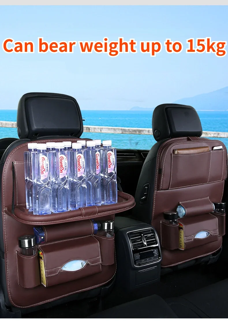 Luxury Leather Car Seat Organizer with Foldable Tray and Storage Pockets