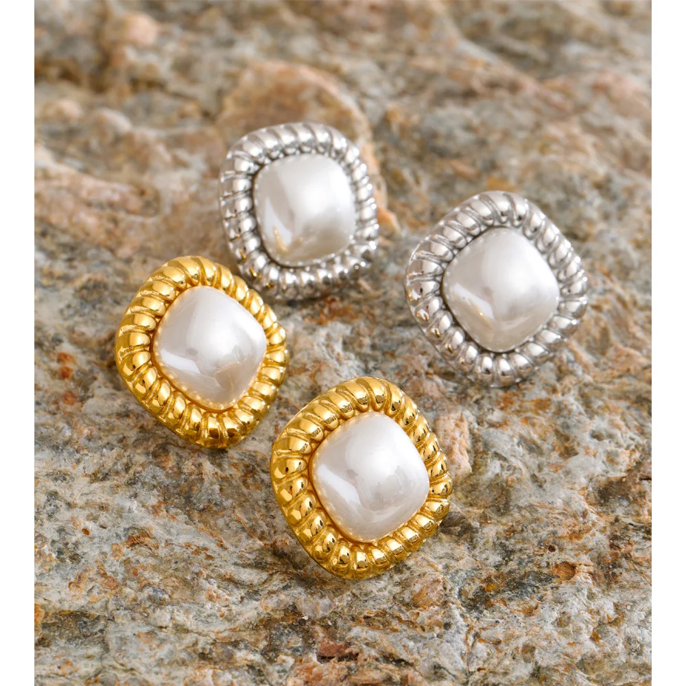 Yhpup Simulated Pearls Square Stud Earrings Stainless Steel
