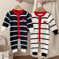 0-24M Newborn Infant Stripe Romper Knit Baby Boy Girl Autumn Winter Romper Embroidery Heart Long Sleeve O-Neck Knitting Jumpsuit