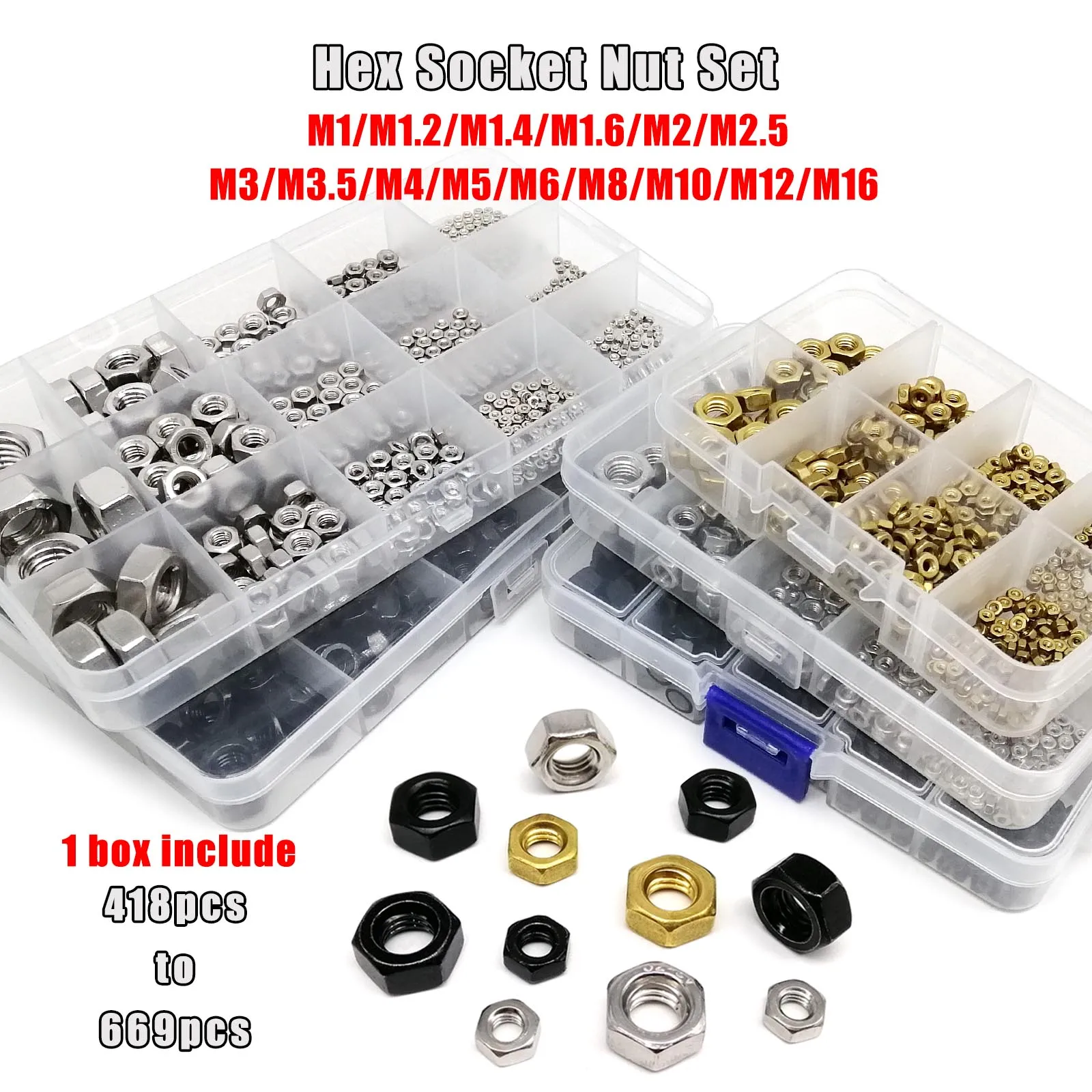 Hexagon Nut Kit 1 Box Mix M1 M1.2 M1.4 M1.6 M2 M2.5 M3 M4 M5 M6 M8 to M16 DIN934 304 Stainless Steel Brass Carbon Steel