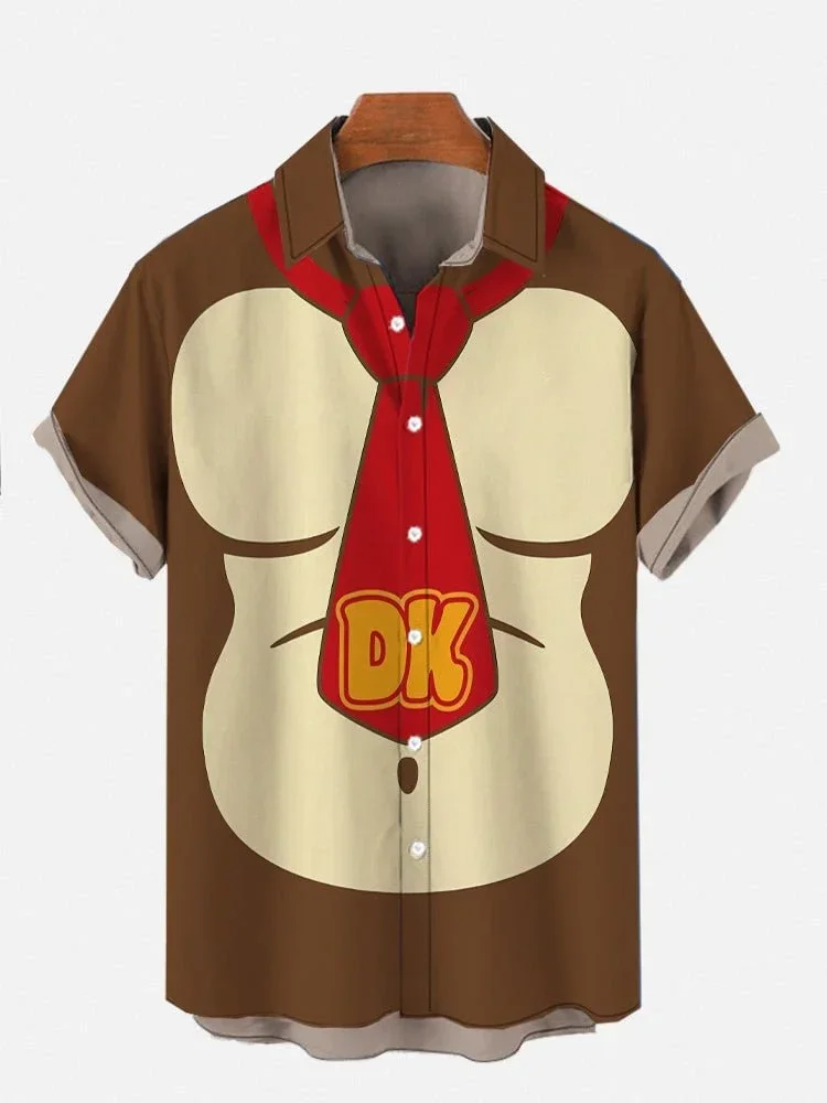 Brown Contrasting Red Tie Gorilla Cartoon Costume Short Sleeve Shirtshort Loose Versatile  Fashion Trend Breathable