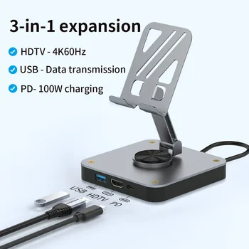 USB C HUB 3 in 1 Type C 2.0 to HDMI 4K60Hz Docking Station USB C Hub with Rotatable Cellphone Stand for Switch, Phone, Laptop 1