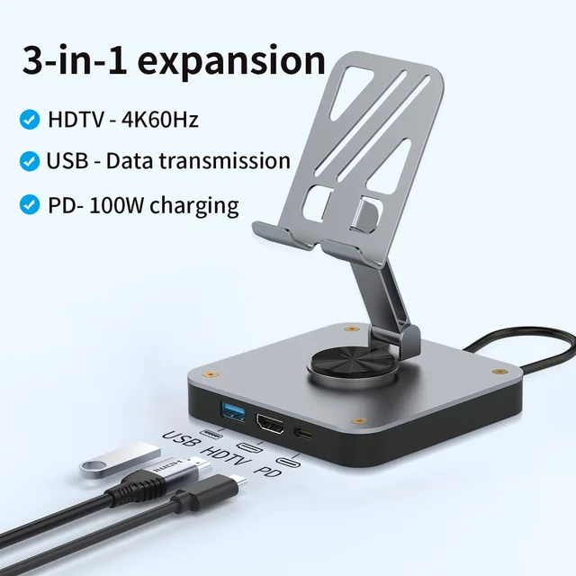 USB C HUB 3 in 1 Type C 2.0 to HDMI 4K60Hz Docking Station USB C Hub with Rotatable Cellphone Stand for Switch, Phone, Laptop 1