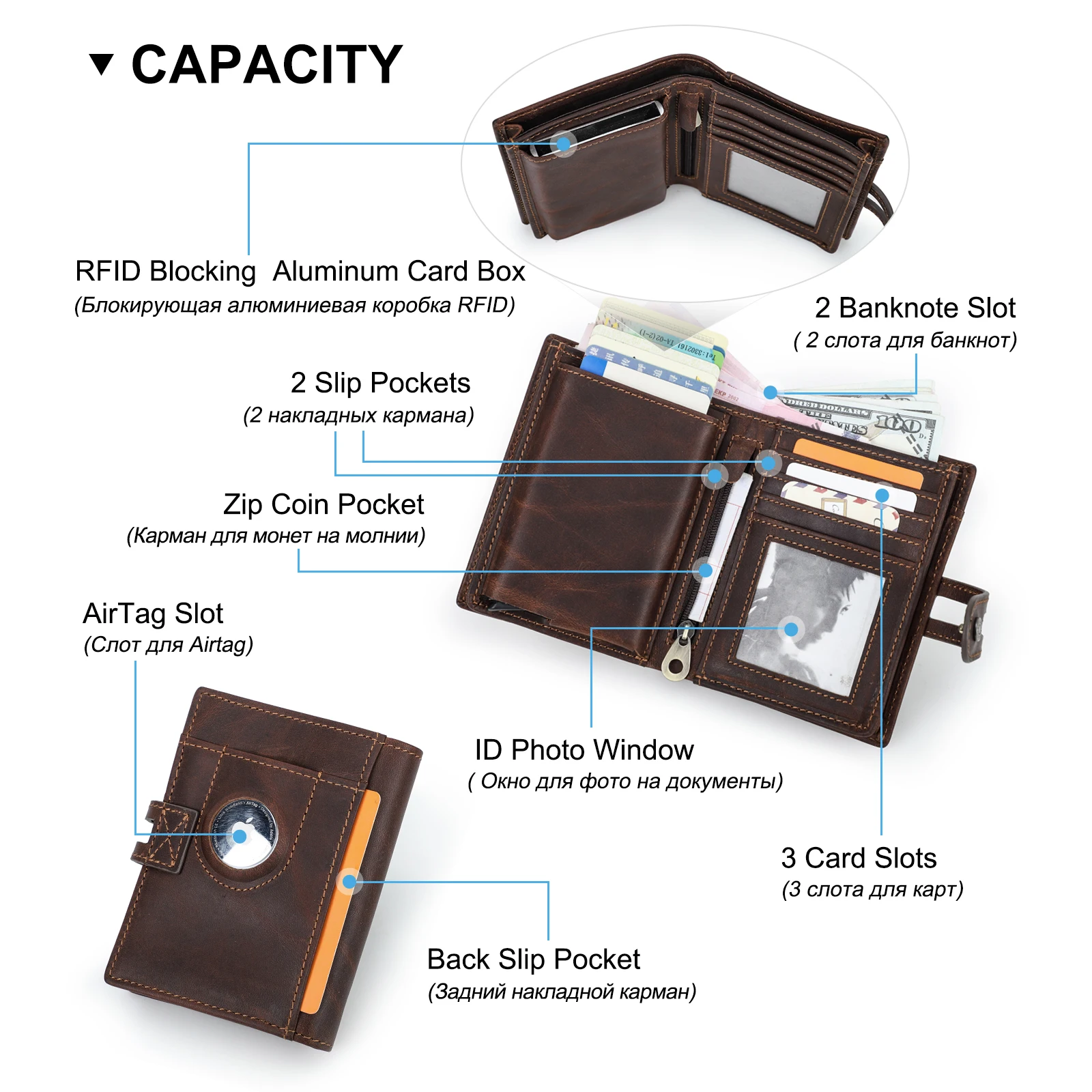 Luxury Brand Airtag Wallet Men Leather RFID Aluminum Card Holder Zipper Slim Purses Anti-lost ID Credit Card Folding wallets 4