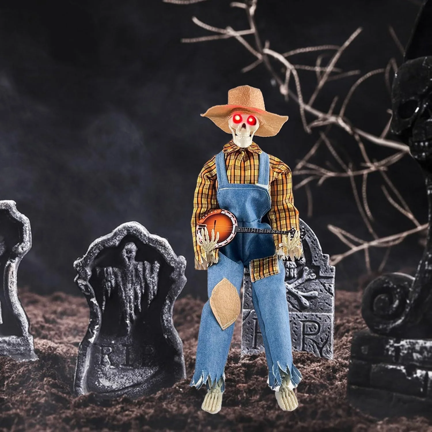 Animated Motion Sound Activated Musical Multi Lingual Banjo Skeletons Duo Halloween Fall Indoor Glowing Skeleton Skeleton Decor