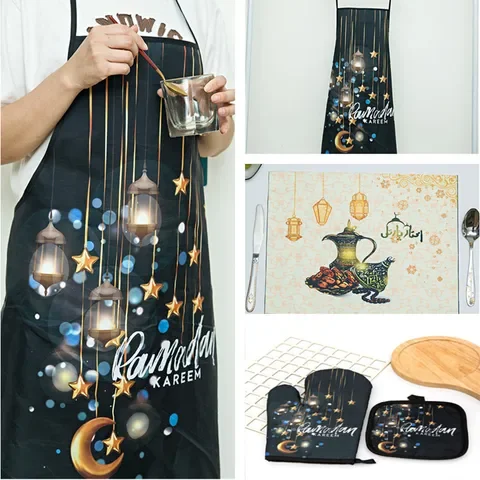 

Eid Mubarak Ramadan Decoration Kitchen Apron Pot Holder Mitt Happy Eid Al-Fitr Muslim Islamic Kareem Family Dinner Decor Gifts