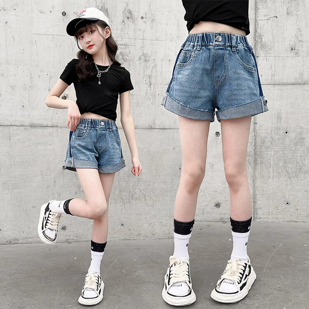 Summer Baby Girls Button Denim Shorts With Pocket Kids Elastic Waits Jean Shorts For Girls Age 5 6 7 8 9 10 11 12 13 14Years Old