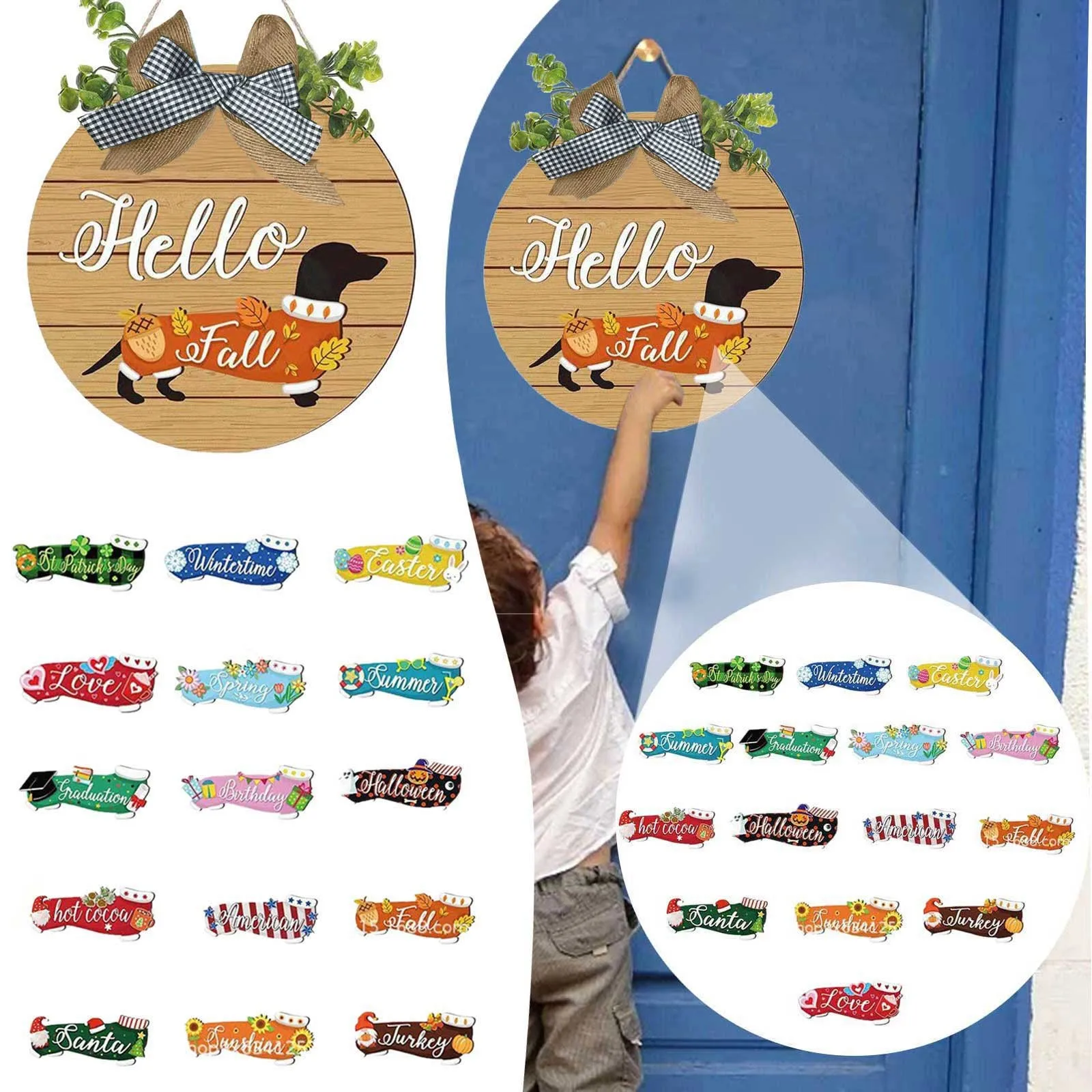 

Seasonal Welcome Signs Door Plaque Wooden Round Door Hanger With Replaceable Dog Clothes Decorative Ornament Home Holidays Decor