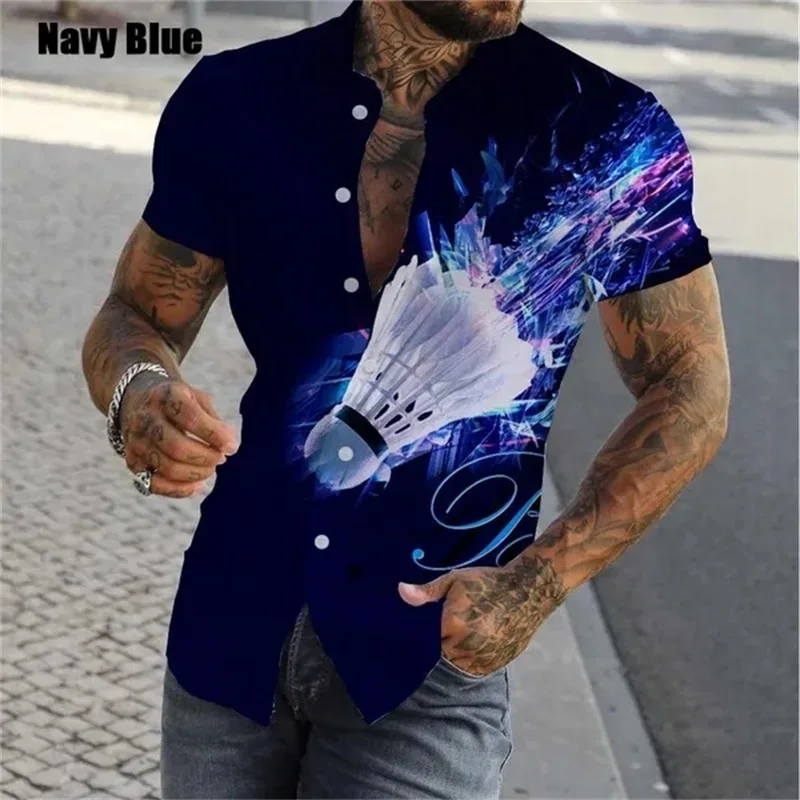 thumbnail image 1 of Camisa de playa de manga corta para hombre, estampado completo, con estampado de bádminton, para verano, informal, con personalidad, talla grande, 1 of 5