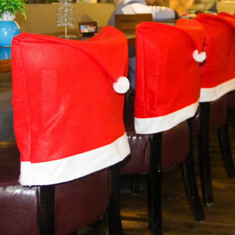(1pcs) 60cm*50cm Red Christmas Hat Chair Back Cover Xmas Home Handmade DIY Christmas Festival Decorations Holiday Gifts