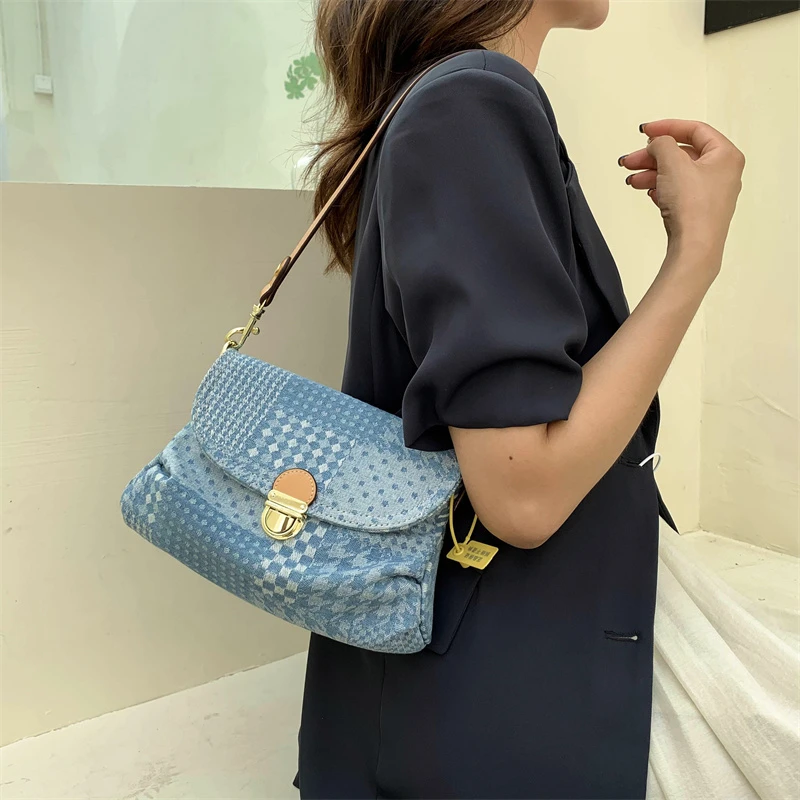 Luxury Designer Jeans Bag Vintage Houndstooth Pattern Women \'s Shoulder Bag Flap Zipper Denim Handbag Underarm Bag Shopper Tote