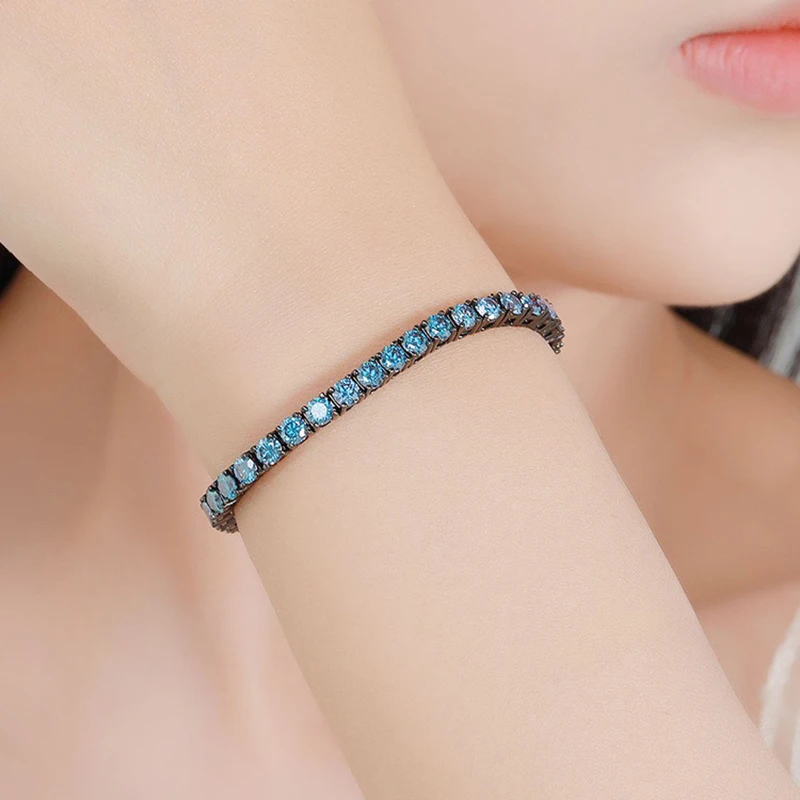 3-5mm Royal Blue VVS1 Moissanite Tennis Bracelet 925 Sterling Silver Plating Gun Black Diamond Link Chain Bracelets Pass Tester
