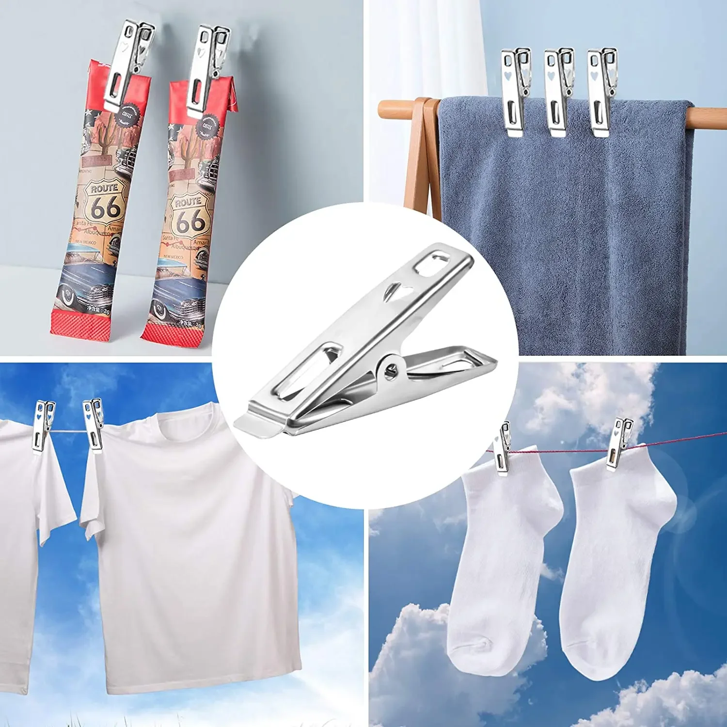 Lot de 20 pinces à linge portables en acier inoxydable pour vêtements, pantalons, chaussures, serviettes, chaussettes