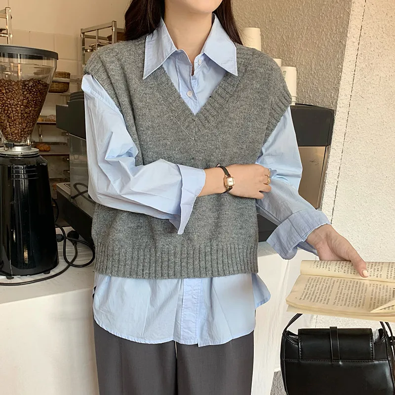 Women V Neck Knitted Vest Sweater Autumn Casual