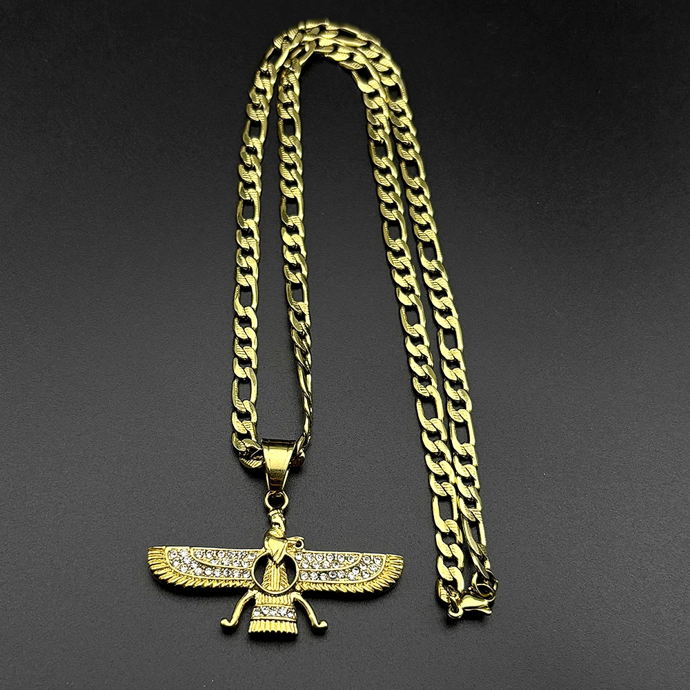 Farvahar Ahura Persien Symbol Zoroastrrian Anhänger Halskette für Frauen Männer Edelstahl Strass Amulett Hip Hop Kette Schmuck – Detail 5