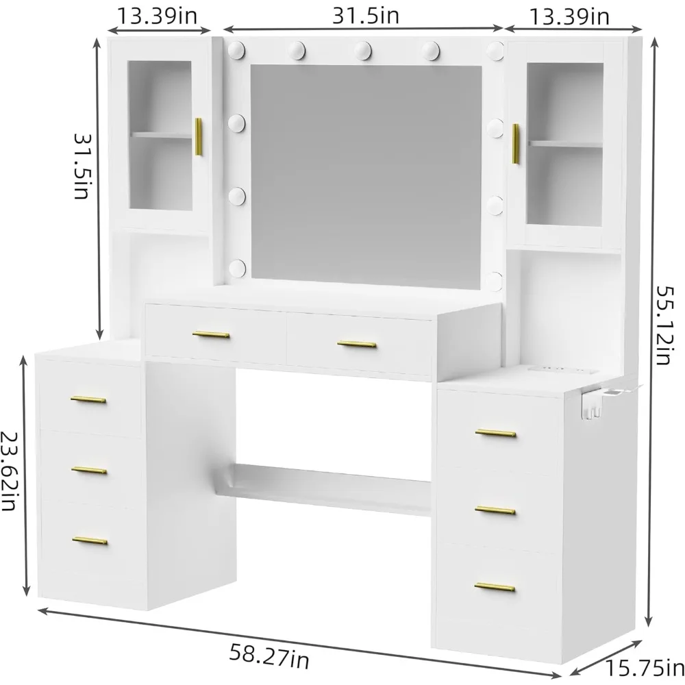 Large Vanity Desk with Mirror & Lights, White Makeup Vanity with Power Outlet and 8 Drawers, 2 Cabinets, Vanity Table with Light 6