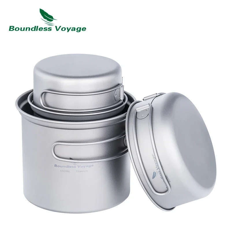 Boundless Voyage Ultralight Titanium Camping Cookware Set Outdoor Cooking Pot Bowl Backpack Picnic Tableware with Folding Handle for camping cookware, camping cookware set