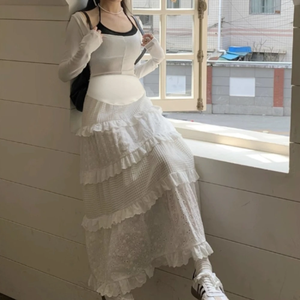 임산부 용수철 자수 레이스 케이크 스커트, A라인 롱 스커트, 가을 여름 신상