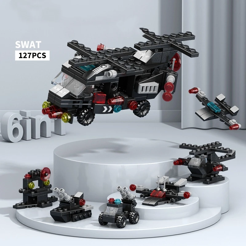 6IN1 Engineering Car Helicopter  Truck Tank City Building Blocks Police Bricks Fire Fighting Brick Set Toys for Children 3