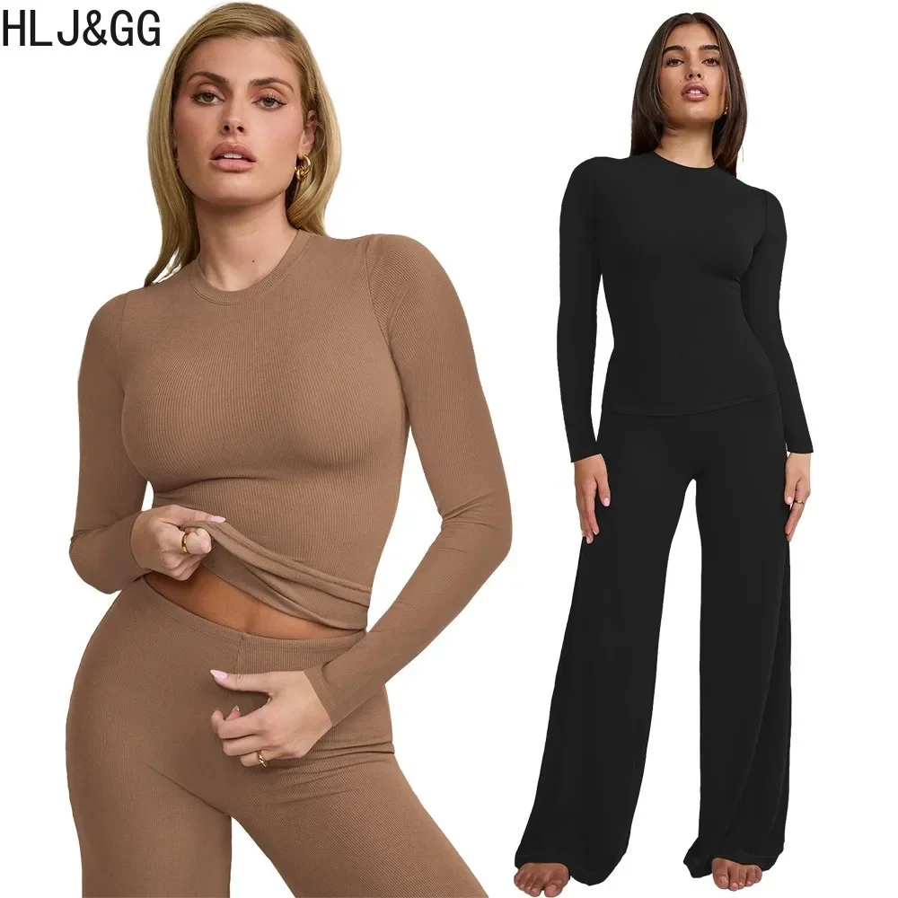 HLJ&GG Autumn Casual Solid Ribber Wide Leg Pants Tracksuits Women Round Neck Long Sleeve Top+Pants Two Piece Sets Female Outfits