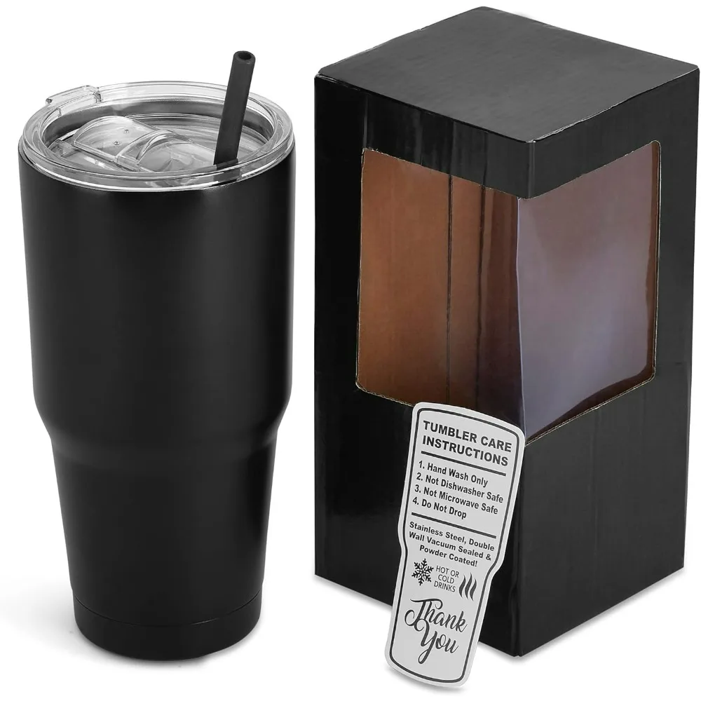 30 ounce insulated cup with lid and straw, stainless steel, leak proof, BPA free, powder coated (black, 25pcs)
