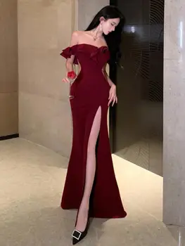 Red Sexy Club Backless High Split Ruffles Wrapped Hip Dress Elegant Luxury Off Shoulder Party Evening Dresses Women 2023 Summer 1
