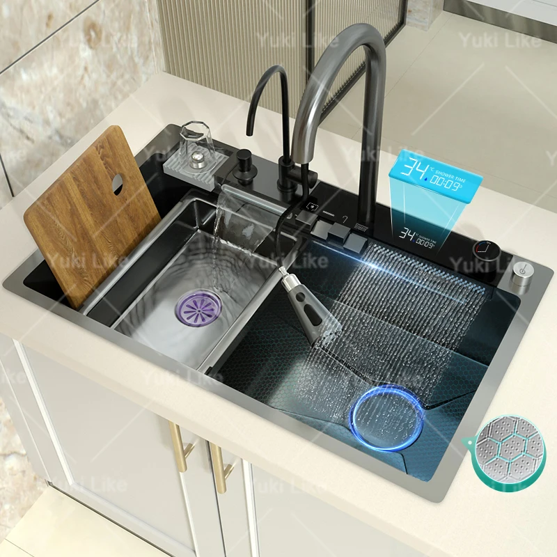 Stainless Steel Waterfall kitchen Sink Golden Large Single Slot Multifunctional Dishwasher sinks Digital Display