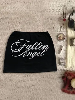 Y2K Black Bodycon Mini Skirt Women Reversible Design With Angel Wings And Letter Print For Streetwear 1