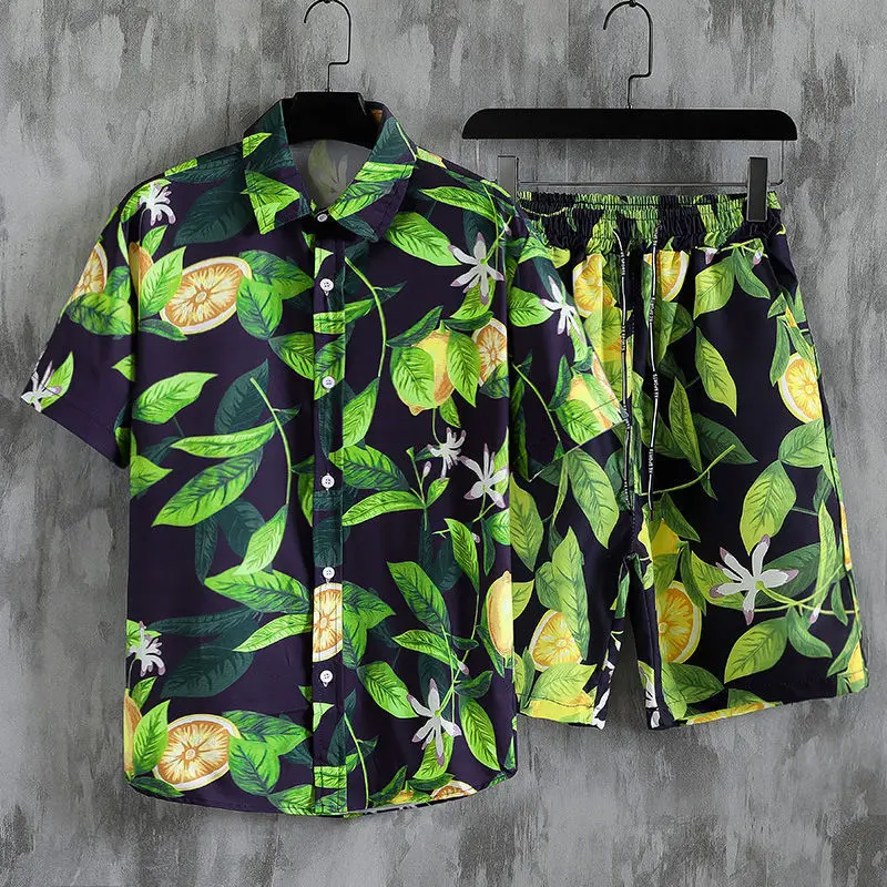 Men's fashion outdoor leisure clothing Hawaii beach loose shirt shorts dress shirts with short sleeves set set
