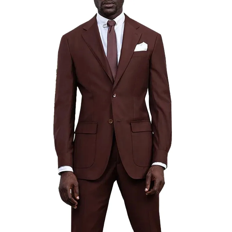 Custom Made Men Suits Brown Groom Tuxedos Notch Lapel Groomsmen 2 Pieces Set (Jacket + Pants)