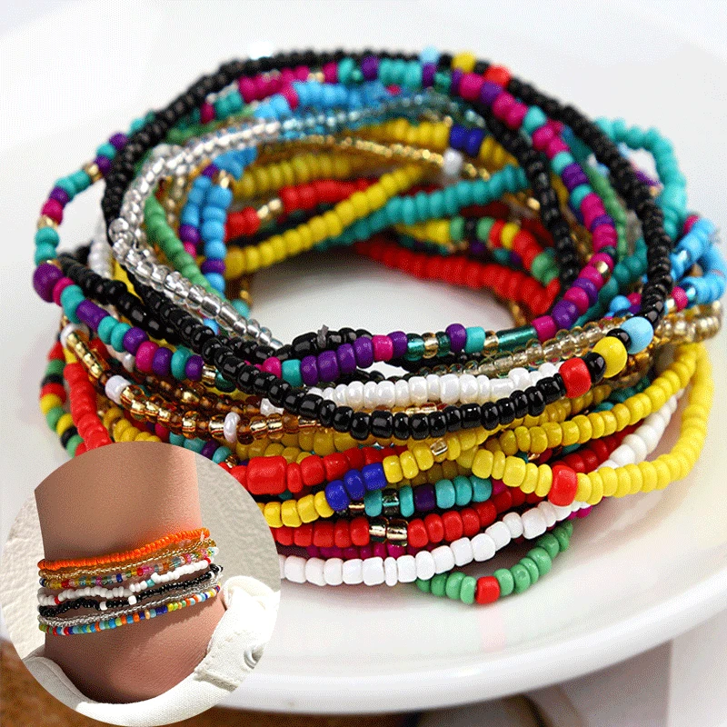 7PCS/Set Colorful Rice Beads Anklet Set Summer Beach Friendship Bracelets Handmade Boho Jewelry Gift for Friend Anklet