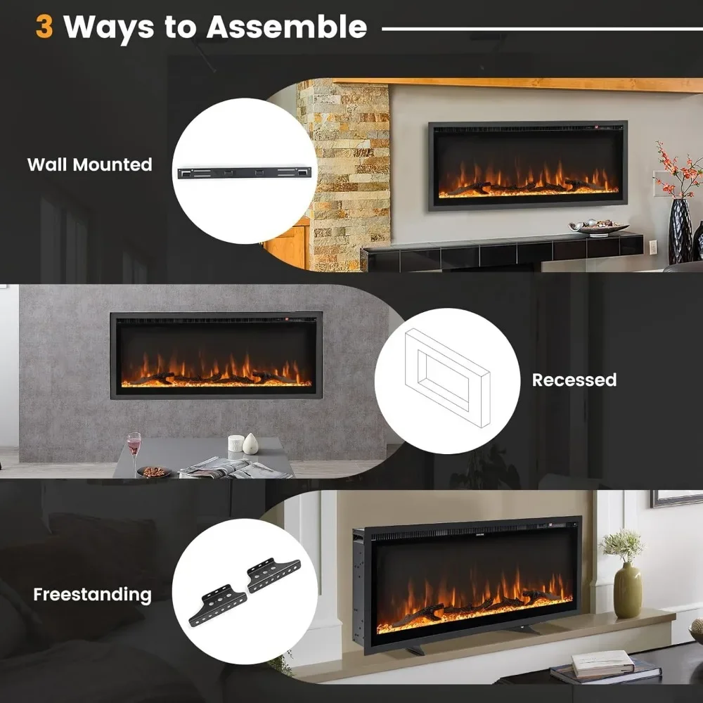 Electric Fireplace in-Wall Recessed, Wall Mounted and Freestanding, 750W/1500W Linear Fireplace Heater with Remote Control